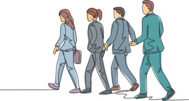 One continuous line drawing of group urban male and female commuters walking every day on city road go to the office. Urban commuter workers concept single line draw graphic design illustration png