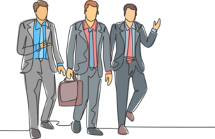 One continuous line drawing of young happy male sales managers walking together and discussing new selling strategy. Urban commuter workers concept single line graphic draw design illustration png