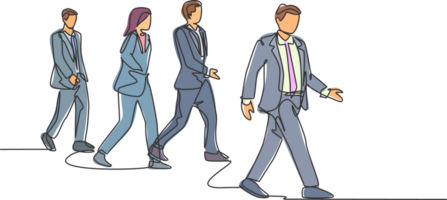 One continuous line drawing of group male and female urban commuters walking pass over on citystreet go to the office. Urban commuter workers concept single line draw design illustration png