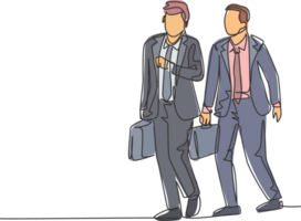 One single line drawing of two young male managers walking in hurry while looking at his watch try not be late for work. Urban commuter worker concept continuous line draw design illustration png