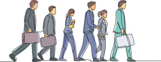 One continuous line drawing of group urban male and female commuters walking every day on city road go to the office. Urban commuter workers concept single line draw design illustration png