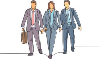 Single continuous line drawing of young businessman and businesswoman walking and talking together to the office. Urban commuter workers concept one line draw design graphic illustration png