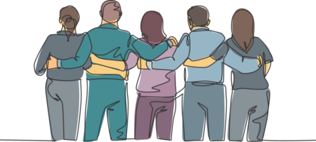 Single continuous line drawing about group of men and woman from multi ethnic standing and hugging together to show their unity bonding. Friendship concept one line draw design illustration png