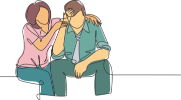 Single continuous line drawing of young female worker hugging and cheering her sad and despair office friend. Work partner support concept. Trendy one line draw design graphic illustration png