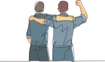 One continuous line drawing of two male workers at the office hugging and supporting each other for the success of their career. Friend support concept single line draw design illustration png