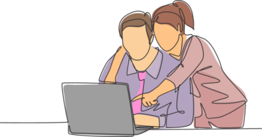 One single line drawing of young happy couple embracing and hugging romantic in front of computer discussing business. Couple lover worker concept continuous line draw design illustration png