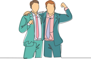 One continuous line drawing of two young happy businessmen at the office standing together and posing to hug each other. Business partner concept single line draw design graphic illustration png