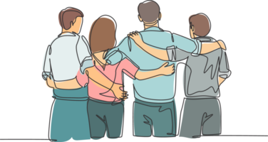 Single continuous line drawing about group of men and woman from multi ethnic standing and hugging together to show their unity bonding. Friendship concept one line draw design illustration png