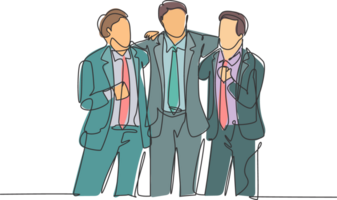 One single line drawing of three young male employee standing together and hugging each other while meeting at the office. Business friendship concept continuous line draw design illustration png