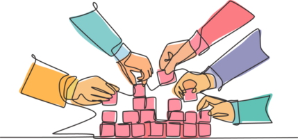 Single continuous line drawing of business team member arrange wooden cube block become sturdy tower together to improve team building. Teamwork concept one line draw design illustration png