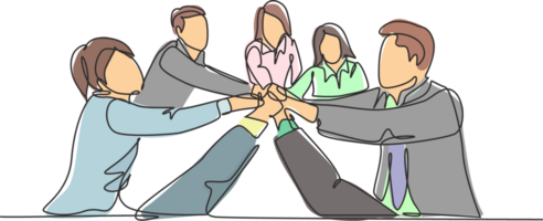 One single line drawing group of young happy male and female business people unite their hands together to form a circle shape. Teamwork unity concept continuous line draw design illustration png