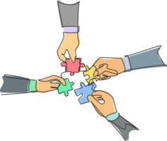 Single continuous line drawing of business team members unite puzzle pieces together to one as team building symbol. Employee teamwork concept. Trendy one line draw design graphic illustration png