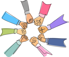 Single continuous line drawing group of young business people unite their hands together to form a circle shape as a unity symbol. Teamwork concept one line draw graphic design illustration png
