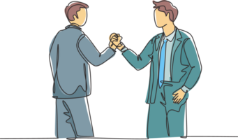 One single line drawing of two young happy business men holding their hands together to mark the commencement of a joint project. Teamwork concept continuous line draw design illustration png