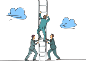 One continuous line drawing of team members support their leader to climb the ladder to reach the sky to reach the success. Trendy business teamwork concept single line draw design illustration png