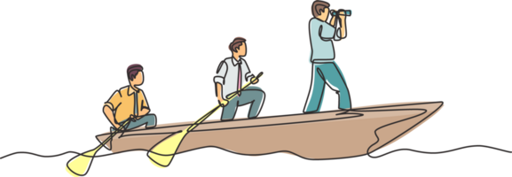 One single line drawing of young male team member take a boat heading to an island while the leader navigate them using binocular. Teamwork concept continuous line draw design illustration png