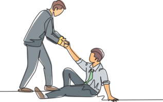 One single line drawing of young happy business man helping his bankrupt partner who lay down on the ground to support to rise up. Teamwork concept continuous line draw design illustration png