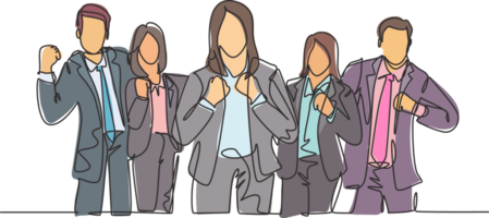 One continuous line drawing group of businessman and businesswoman line up celebrates their successful project while fist hands. Business teamwork concept single line draw design illustration png