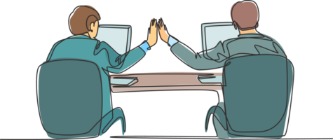 One continuous line drawing of two young happy business men high five when they knew the project running smoothly. Trendy business teamwork concept single line draw design graphic illustration png