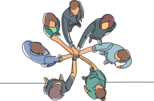 One single line drawing group of young happy business people unite their hands together to form a circle shape symbol, top view. Trendy teamwork concept continuous line draw design illustration png