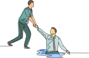 One single line drawing of young energetic businessman helps pull his colleague who falls into the hole to go out. Business teamwork support concept continuous line draw design illustration png