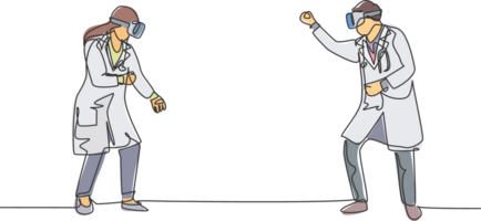 Single continuous line drawing of young male and female doctor ready to punch each other while playing simulation game. Virtual reality game player concept one line draw design illustration png