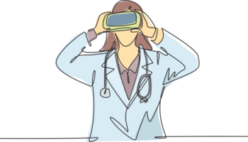 One single line drawing of young happy female doctor looking digital visual data using virtual reality goggles. Smart technology game player concept continuous line draw design illustration png