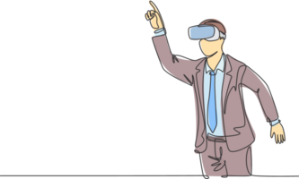 One continuous line drawing of young happy businessman pretending to touch button while wearing virtual reality helmet. Modern futuristic video game concept single line draw design illustration png