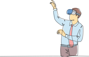 One continuous line drawing of young happy businessman pretending to touch button while wearing virtual reality helmet. Modern futuristic video game concept single line draw design illustration png