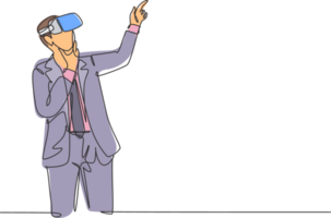 One single line drawing of young serious businessman thinking watching visual simulation on virtual reality. Smart technology futuristic game concept continuous line draw design illustration png