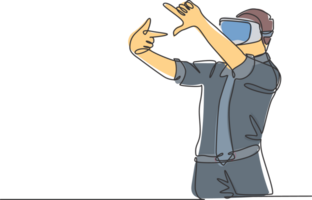 Single continuous line drawing of young male worker gesture forming square shape from his finger while playing augmented reality game. Virtual reality concept one line draw design illustration png