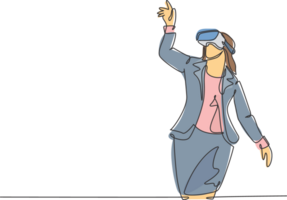 One single line drawing of young happy gamer business woman wearing virtual reality glasses and pointing finger. Smart technology futuristic game player concept continuous line draw design png