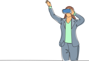 One single line drawing of young happy gamer businesswoman wearing virtual reality glasses and pointing finger. Smart technology futuristic game player concept continuous line draw design png