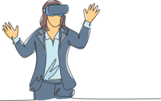 uno soltero línea dibujo de joven contento jugador negocio mujer vistiendo virtual realidad casco y tratar a tocar. inteligente tecnología futurista juego concepto continuo línea dibujar diseño ilustración png