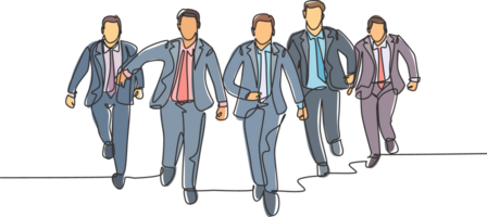 One continuous single line drawing of male managers wearing suit doing sprint race at the running track to reach finish line. Business Sprint race concept single line draw design illustration png