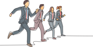 Single continuous single line drawing group of urban commuter workers walking and running to get to the office on time. Urban employee in a rush concept one line draw design illustration png