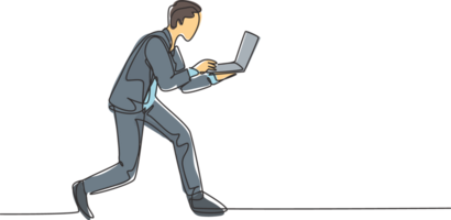 One continuous single line drawing of young rush male worker typing on laptop while he does sprint run go to office. Deadline business work concept single line draw design graphic illustration png