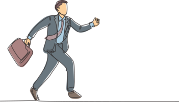 Single continuous single line drawing of young urban commuter worker running in rush at city street to get to the office on time. Business race concept one line draw design graphic illustration png