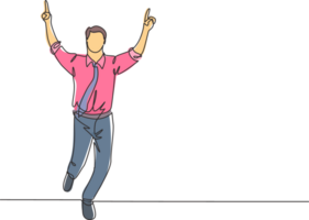 One continuous single line drawing of young happy businessman pointing his finger to the air after running cross the finish line. Business race concept single line draw design illustration png