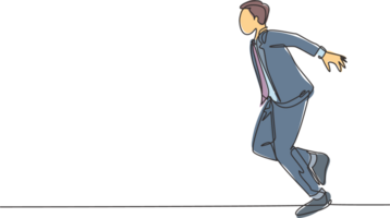 Single continuous single line drawing of young happy businessman opens his hands after running cross the finish line, from side view. Business race concept one line draw design illustration png