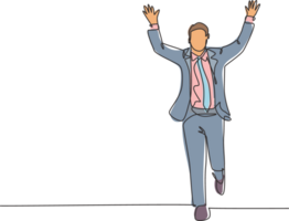 One continuous single line drawing of young happy businessman pointing his finger to the air after running cross the finish line. Business race concept single line draw design illustration png