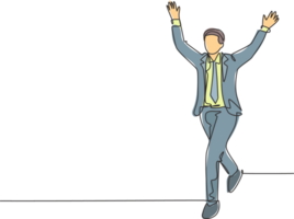 Single continuous single line drawing of young happy male manager running and open his hands after cross the finish line. Business race competition concept one line draw design illustration png