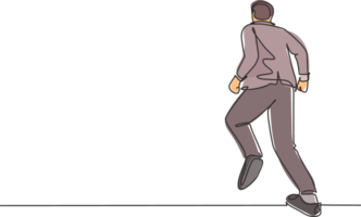 een doorlopend single lijn tekening van jong energiek mannetje kribbe aan het doen jogging rennen oefening naar Gaan naar de kantoor, van achterzijde visie. bedrijf ras concept single lijn trek ontwerp illustratie png