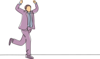 One continuous single line drawing of young happy businessman fist his hand to the air after running cross the finish line. Business race concept single line draw design illustration png