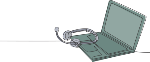 One single line drawing of headphone with microphone and laptop on the work desk as call center equipment tools. Call center customer care concept continuous line draw design illustration png