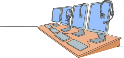 One continuous line drawing of set of customer service equipment, computer, headphone, monitor, keyboard and mouse. Call center service excellent concept single line draw design illustration png