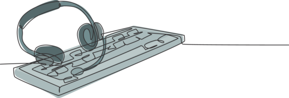 een single lijn tekening van koptelefoon met microfoon en toetsenbord Aan de werk bureau net zo klant onderhoud zorg uitrusting hulpmiddelen. telefoontje centrum concept doorlopend lijn grafisch trek ontwerp illustratie png