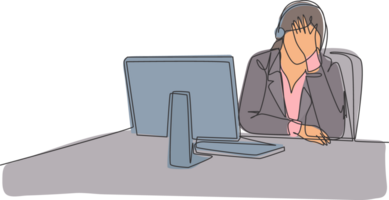 Single continuous line drawing of young bored and tired female call center worker answering complain from a lot of customers. Helpdesk center care concept one line draw design illustration png