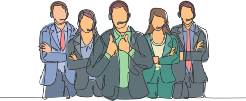 One single line drawing group of male and female customer service team members pose neatly in a straight line. Call center service excellence concept continuous line draw design illustration png