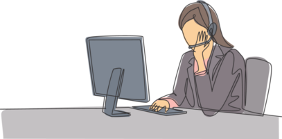 One single line drawing of young female customer service care listening pensively call from client sitting in front of computer. Call center concept continuous line draw design illustration png